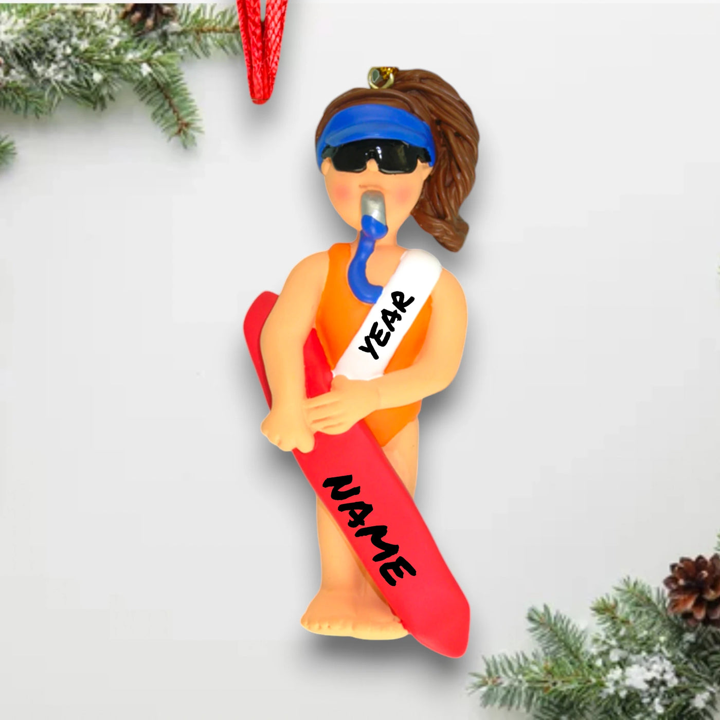 Personalized Brown Female Lifeguard Christmas Ornament with Rescue Float – Custom Name and Year Resin Ornament