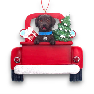 Personalized Brown Labrador In Back Of Truck Christmas Ornament featuring a Brown Labrador, festive Christmas tree, and holiday gifts in a red truck with customizable name and year.