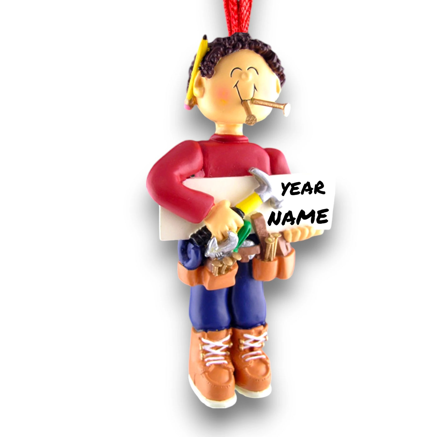 Personalized Brown Male Carpenter Christmas Ornament with Tools – Custom Name and Year Resin Ornament