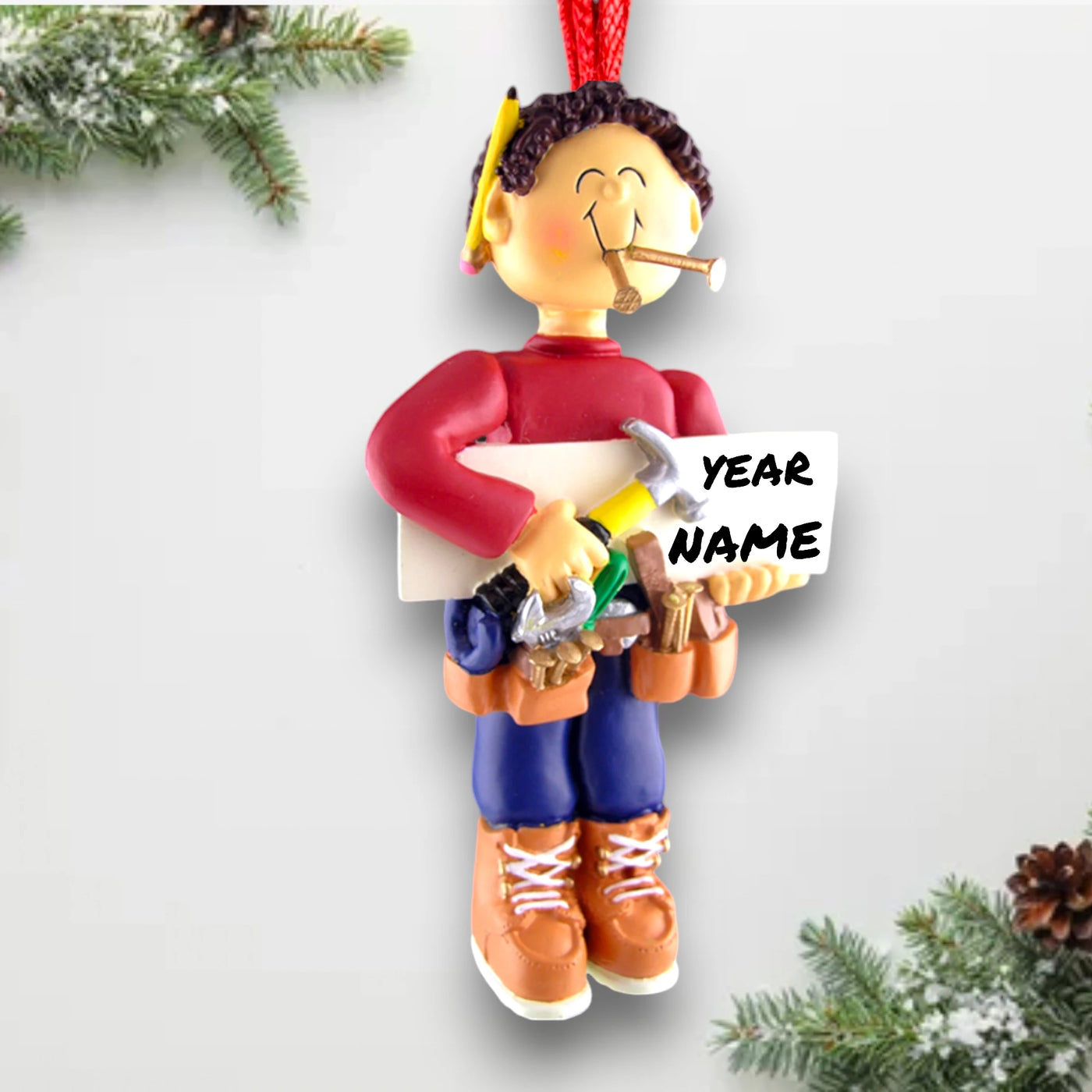 Personalized Brown Male Carpenter Christmas Ornament with Tools – Custom Name and Year Resin Ornament
