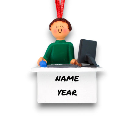 Personalized Brown Male Computer User Christmas Ornament at desk with computer – Custom Name and Year Resin Ornament