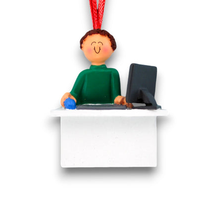 Personalized Brown Male Computer User Christmas Ornament at desk with computer – Custom Name and Year Resin Ornament