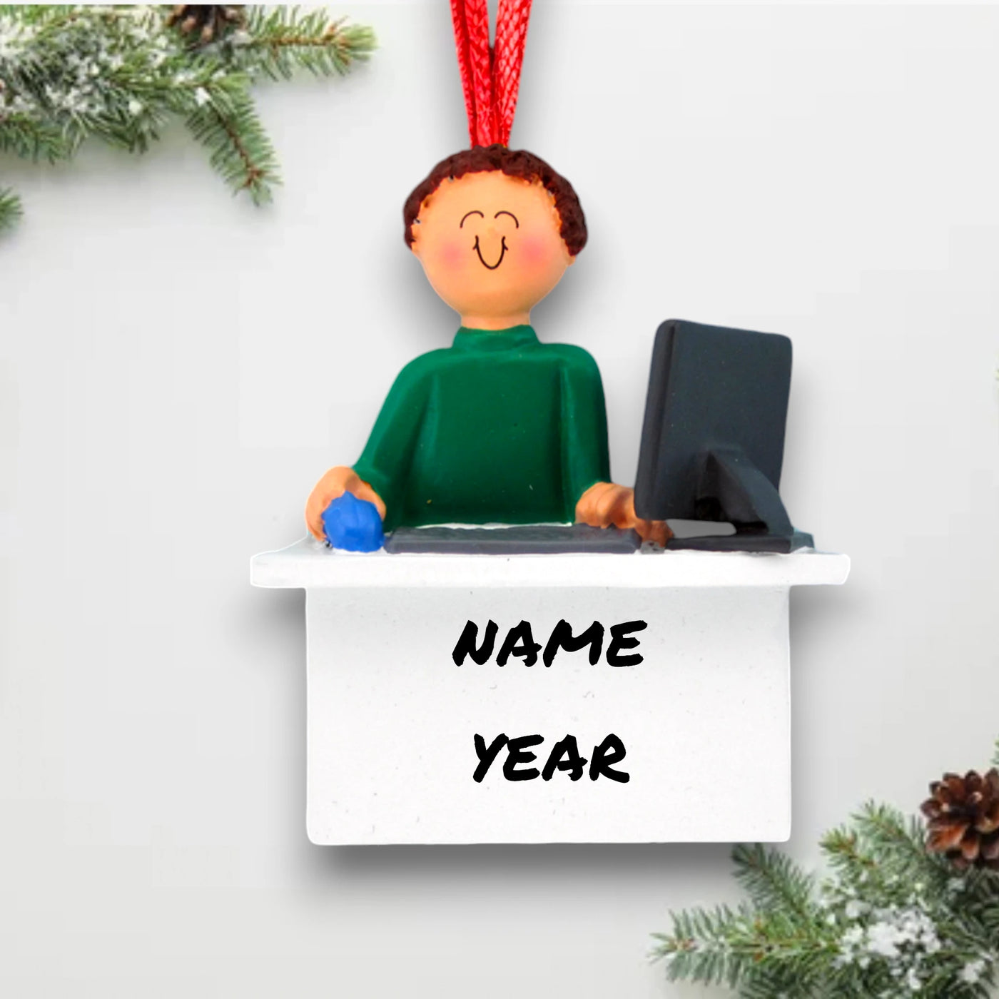 Personalized Brown Male Computer User Christmas Ornament at desk with computer – Custom Name and Year Resin Ornament