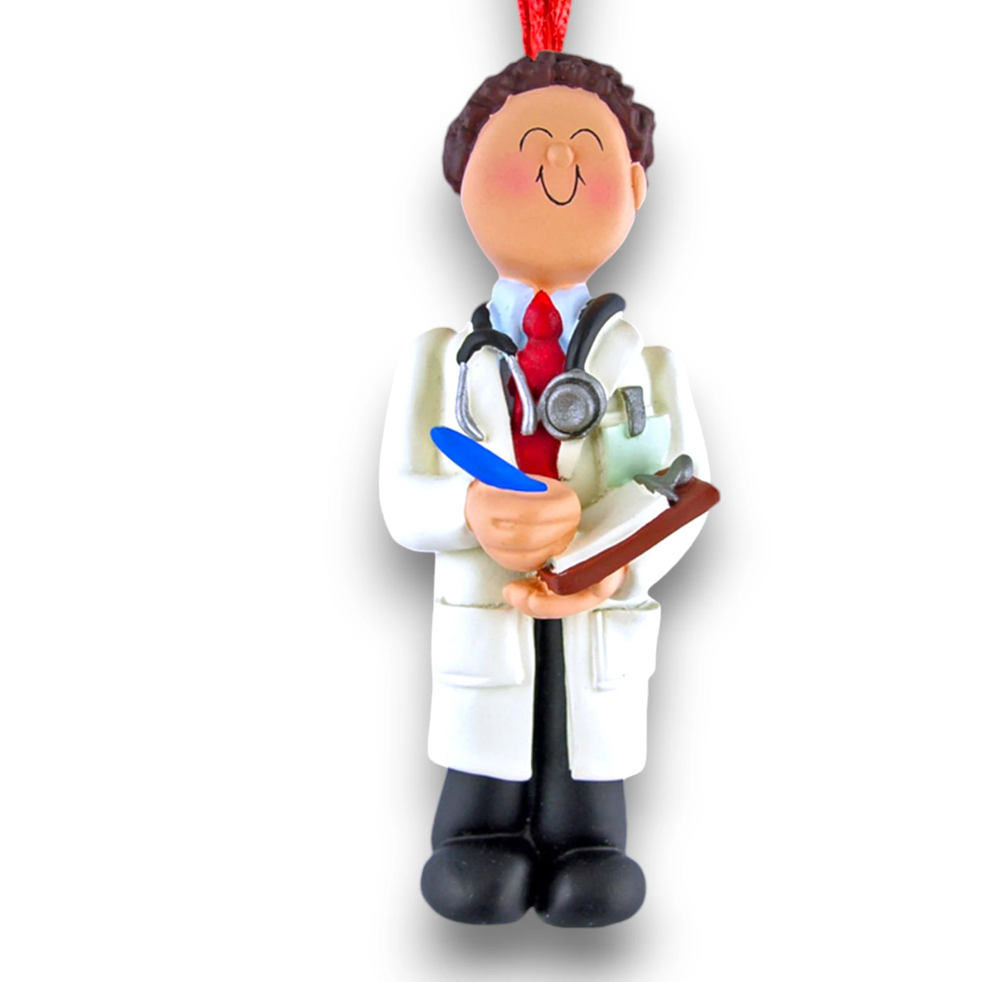 Personalized Brown Male Doctor Christmas Ornament with Stethoscope and Clipboard – Custom Name and Year Resin Ornament