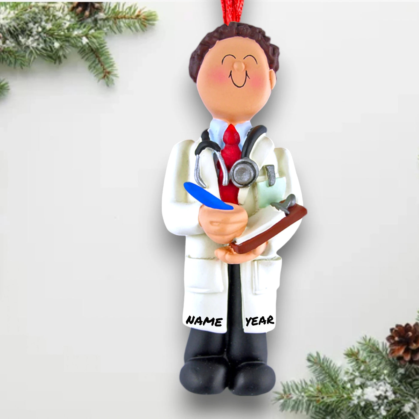 Personalized Brown Male Doctor Christmas Ornament with Stethoscope and Clipboard – Custom Name and Year Resin Ornament