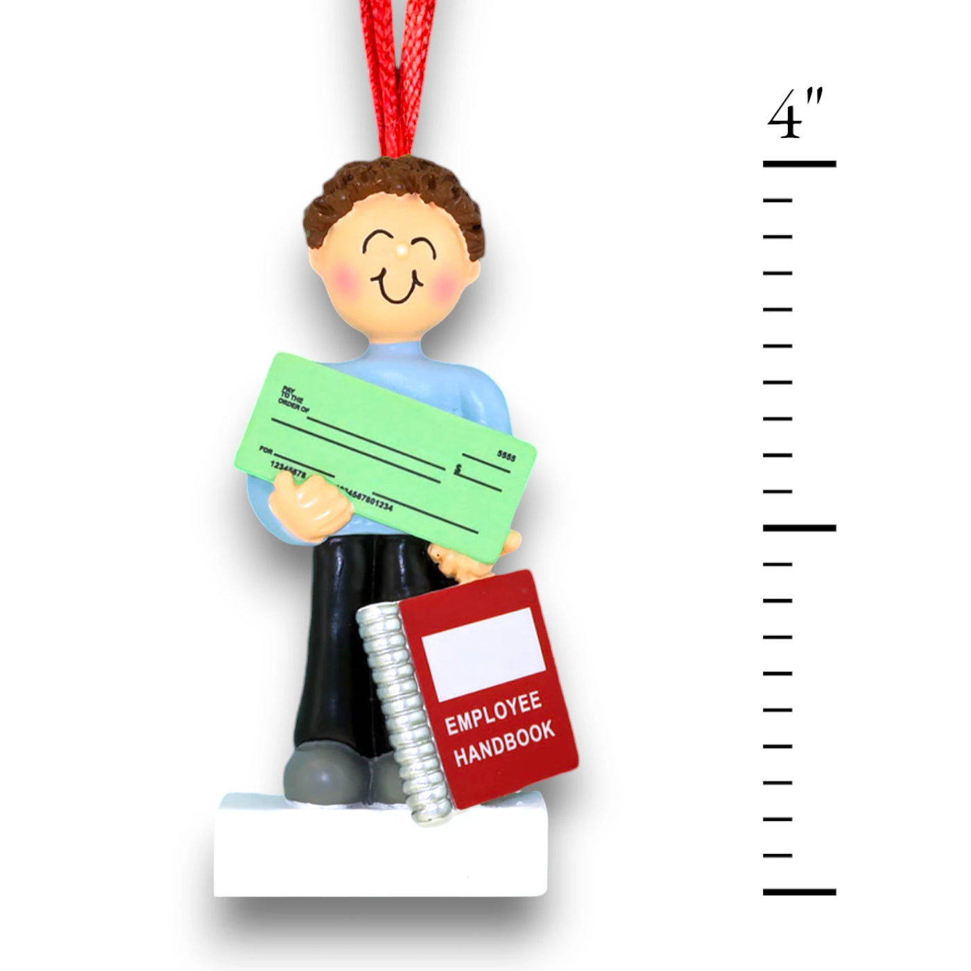 Personalized Brown Male First New Job Ornament with Paycheck and Handbook – Custom Name and Year Ornament