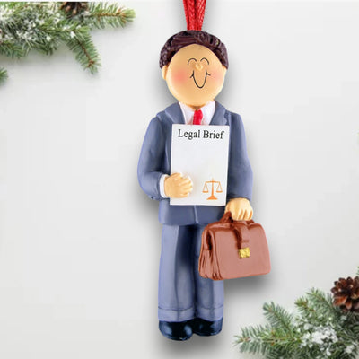 Personalized Brown Male Lawyer Christmas Ornament with Briefcase and Legal Document – Custom Name and Year Resin Ornament