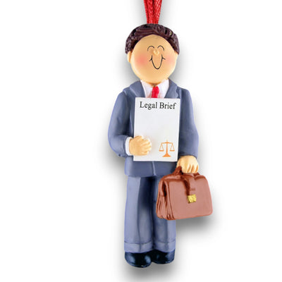 Personalized Brown Male Lawyer Christmas Ornament with Briefcase and Legal Document – Custom Name and Year Resin Ornament