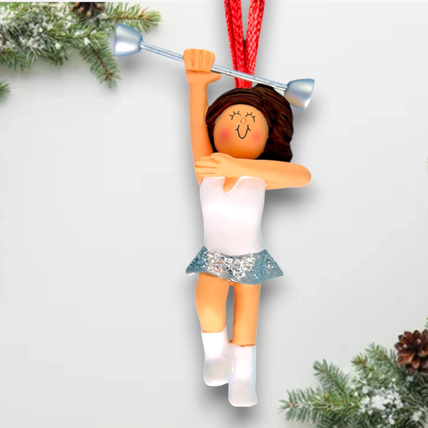 Personalized Brunette Female Baton Twirler Ornament with Custom Name and Year – Resin Christmas Ornament