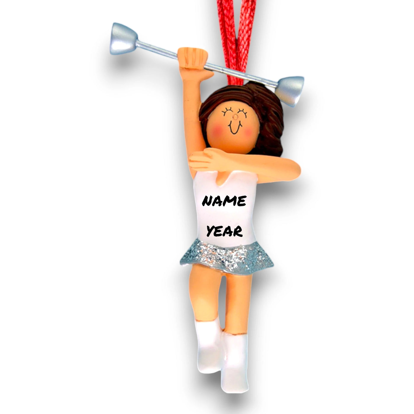 Personalized Brunette Female Baton Twirler Ornament with Custom Name and Year – Resin Christmas Ornament