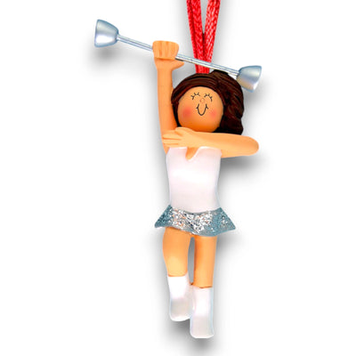 Personalized Brunette Female Baton Twirler Ornament with Custom Name and Year – Resin Christmas Ornament