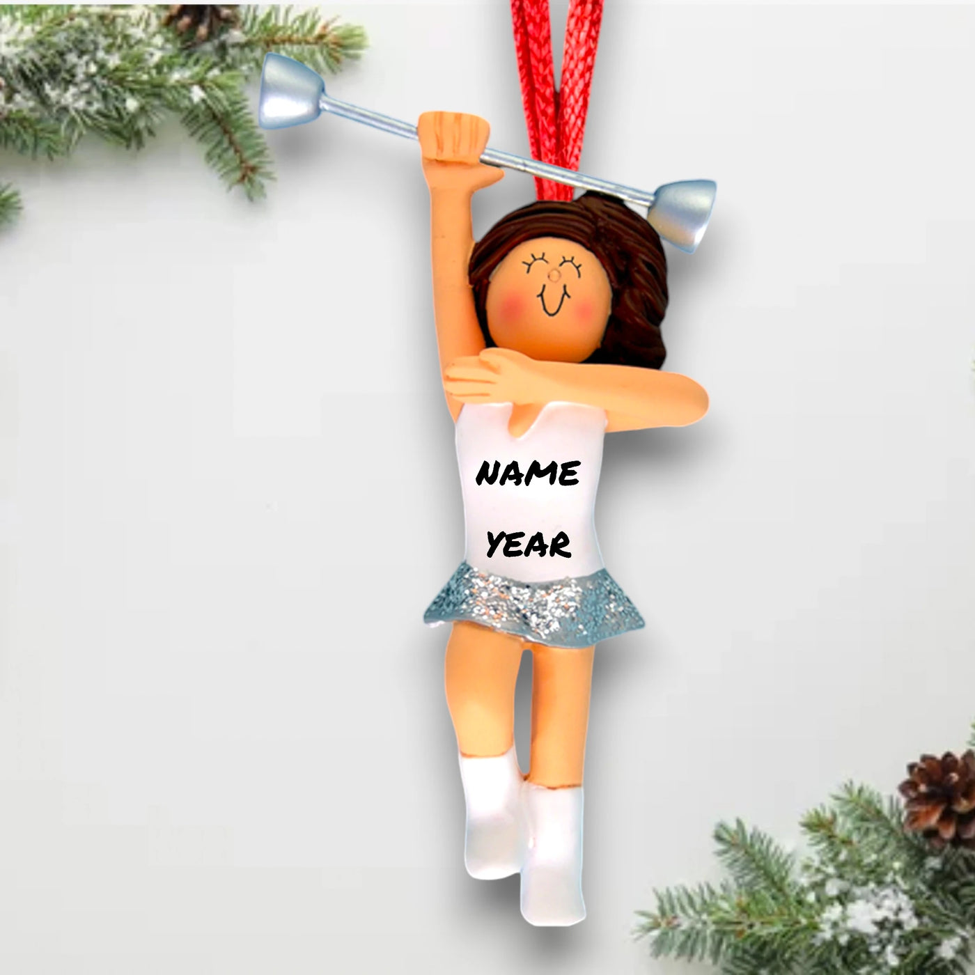 Personalized Brunette Female Baton Twirler Ornament with Custom Name and Year – Resin Christmas Ornament