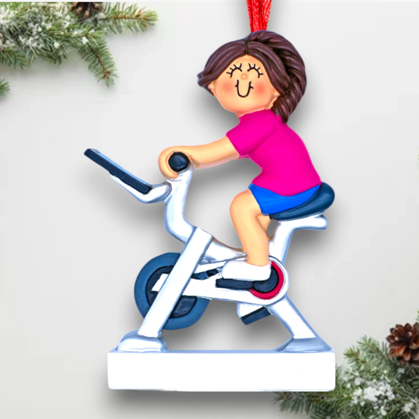 Personalized Brunette Female Exercise Bike Ornament with Custom Name and Year – Resin Christmas Ornament