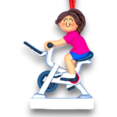 Personalized Brunette Female Exercise Bike Ornament with Custom Name and Year – Resin Christmas Ornament