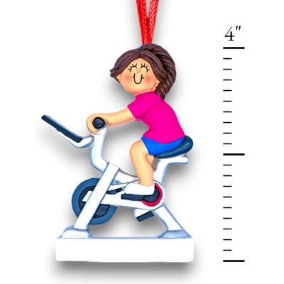 Personalized Brunette Female Exercise Bike Ornament with Custom Name and Year – Resin Christmas Ornament