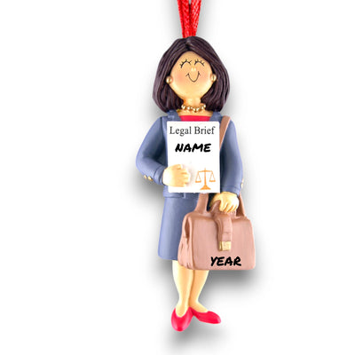 Personalized Brown Female Lawyer Christmas Ornament with Legal Brief and Briefcase – Custom Name and Year Resin Ornament