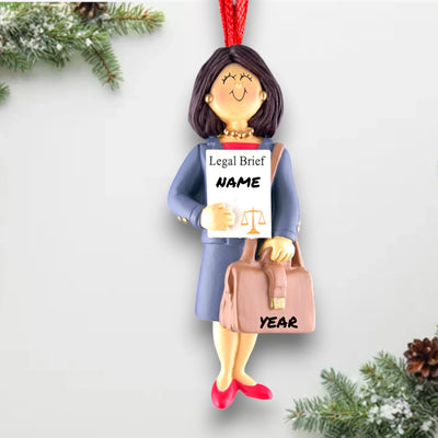 Personalized Brown Female Lawyer Christmas Ornament with Legal Brief and Briefcase – Custom Name and Year Resin Ornament