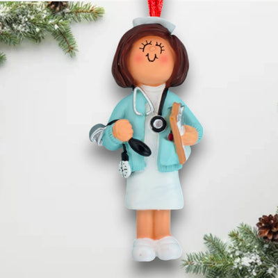 Personalized Brunette Female Nurse Christmas Ornament with Stethoscope and Clipboard – Custom Name and Year Resin Ornament