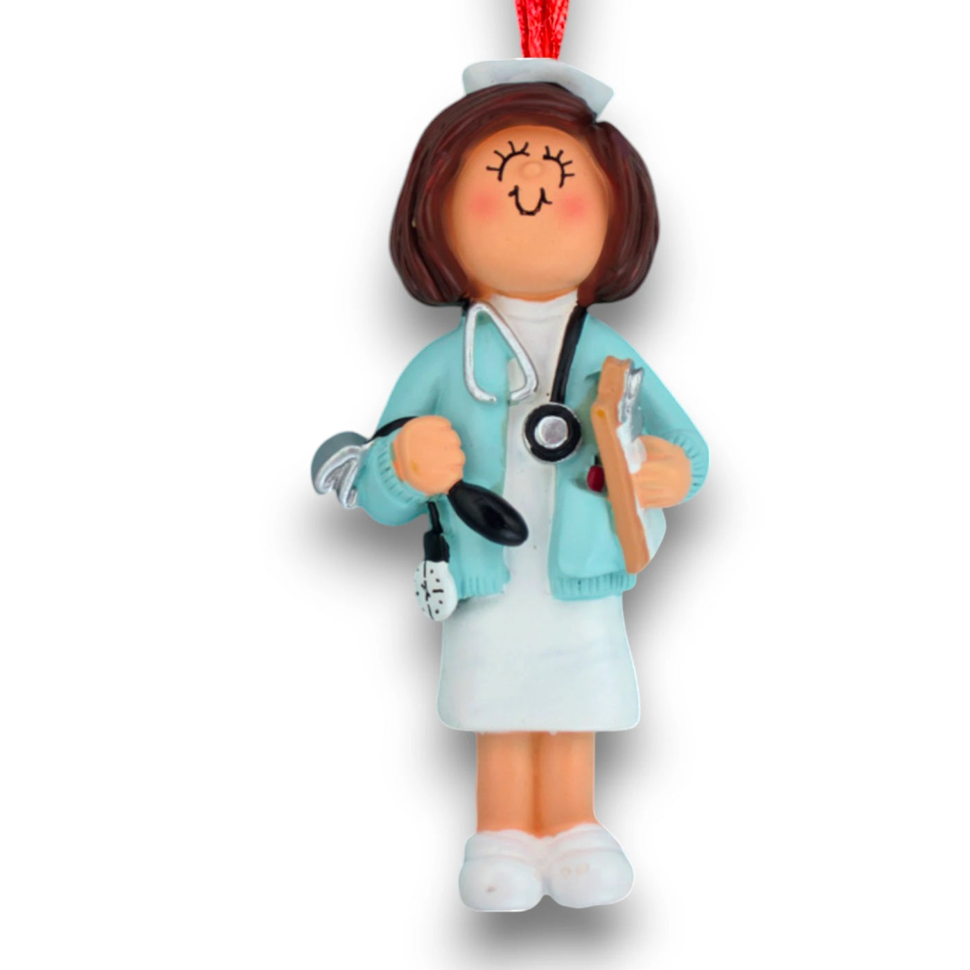 Personalized Brunette Female Nurse Christmas Ornament with Stethoscope and Clipboard – Custom Name and Year Resin Ornament