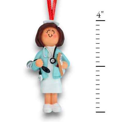 Personalized Brunette Female Nurse Christmas Ornament with Stethoscope and Clipboard – Custom Name and Year Resin Ornament