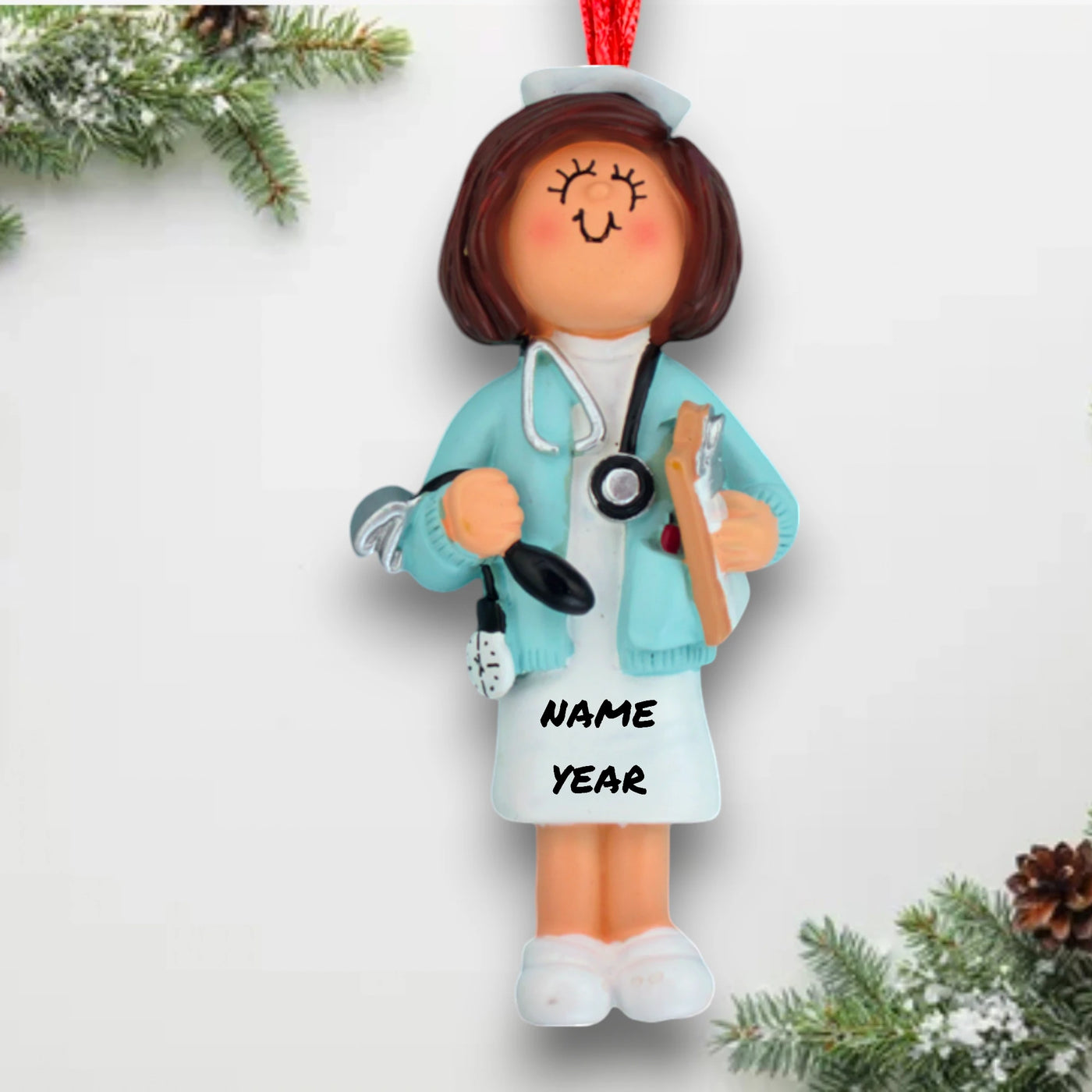 Personalized Brunette Female Nurse Christmas Ornament with Stethoscope and Clipboard – Custom Name and Year Resin Ornament