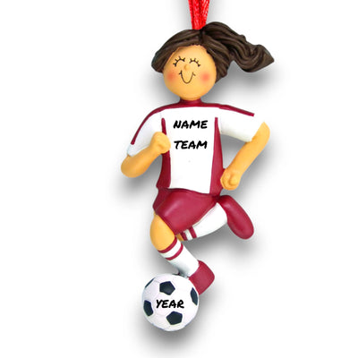 Personalized Brunette Female Dribbling Soccer Ornament in Red Uniform, customizable with name, team, and year.