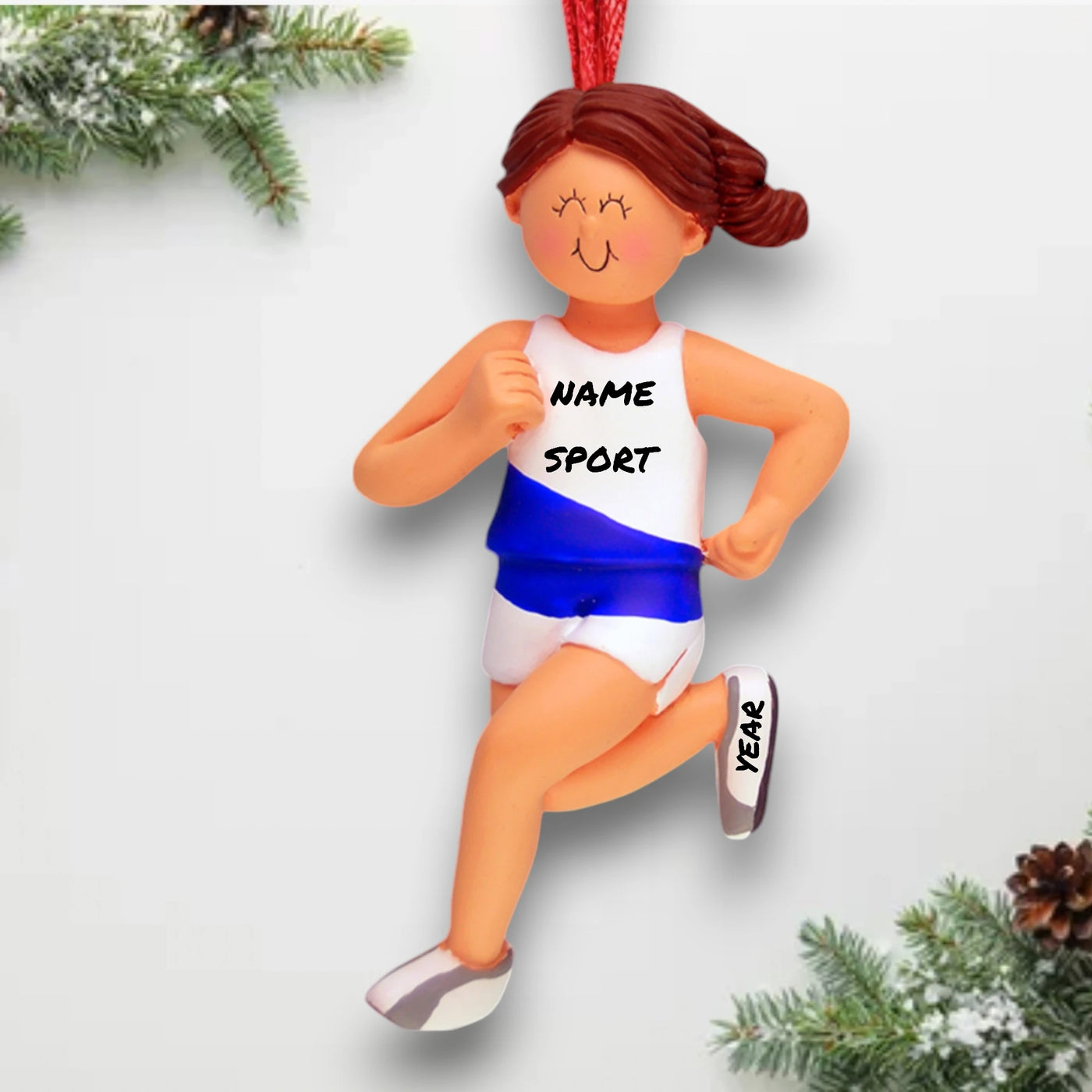 Personalized Brunette Female Runner Ornament with Custom Name, Sport, and Year – Resin Christmas Ornament