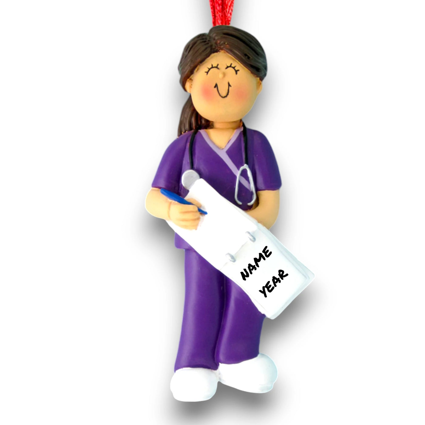 Personalized Brunette Female Scrubs Nurse Christmas Ornament with Clipboard – Custom Name and Year Resin Ornament