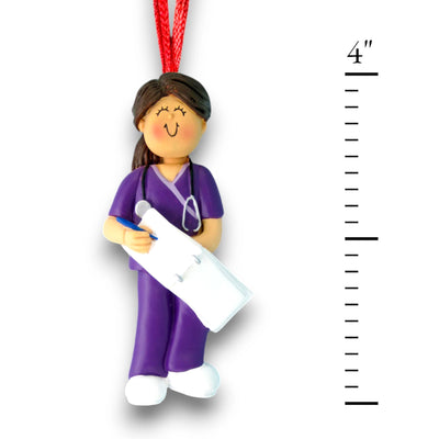 Personalized Brunette Female Scrubs Nurse Christmas Ornament with Clipboard – Custom Name and Year Resin Ornament