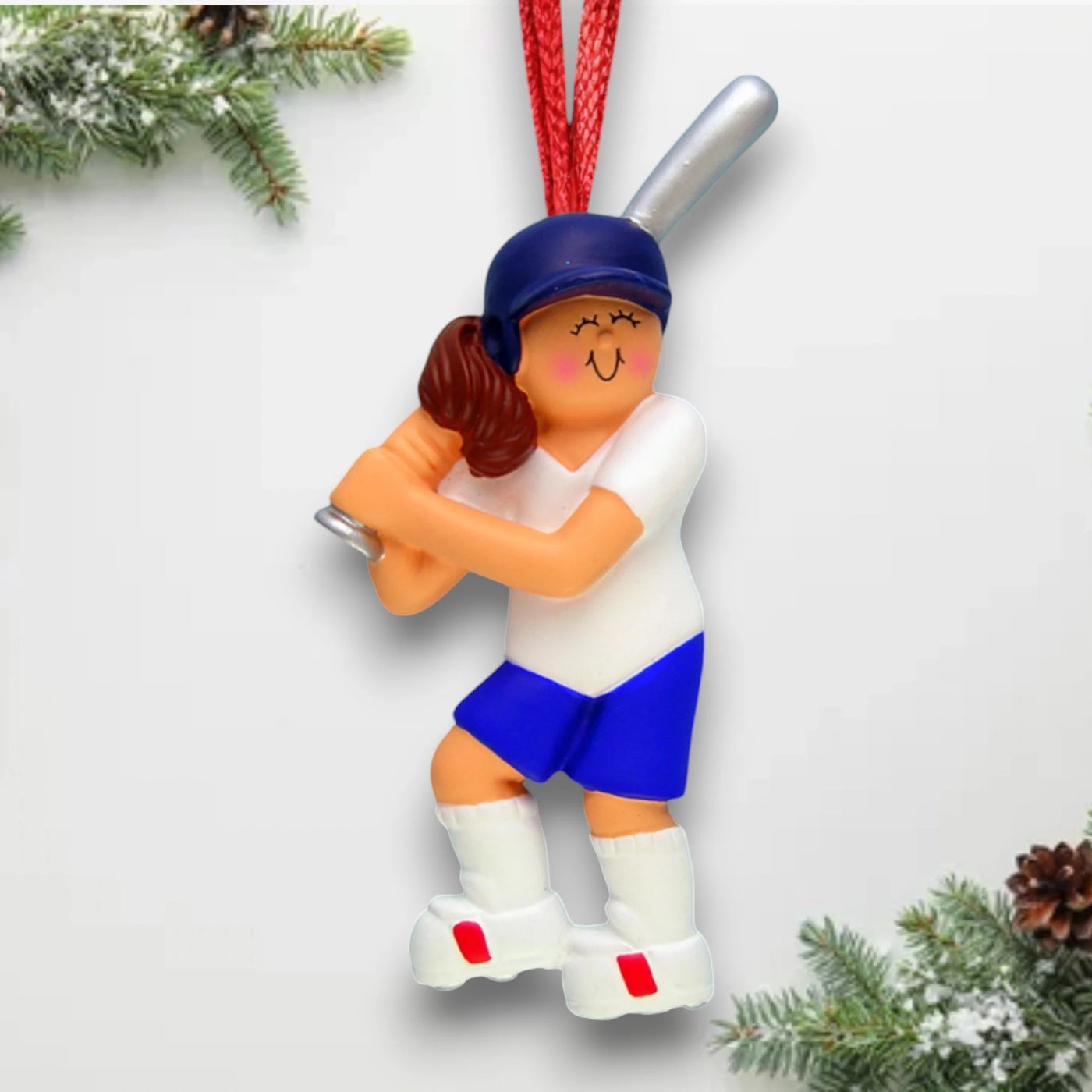 Personalized Female Brunette Softball Ornament with Name and Year – Blue and White Resin Christmas Ornament.