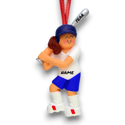 Personalized Female Brunette Softball Ornament with Name and Year – Blue and White Resin Christmas Ornament.