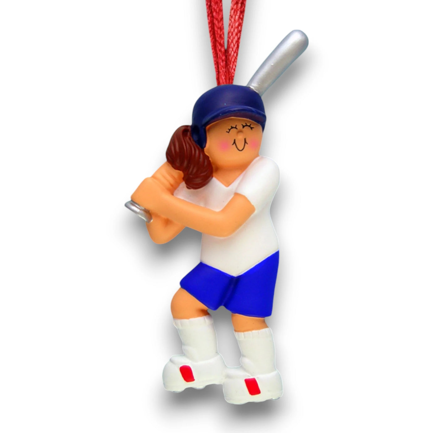 Personalized Female Brunette Softball Ornament with Name and Year – Blue and White Resin Christmas Ornament.