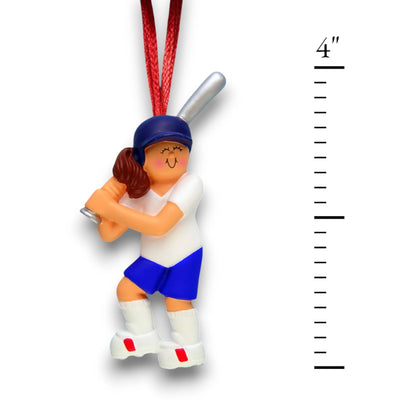 Personalized Female Brunette Softball Ornament with Name and Year – Blue and White Resin Christmas Ornament.