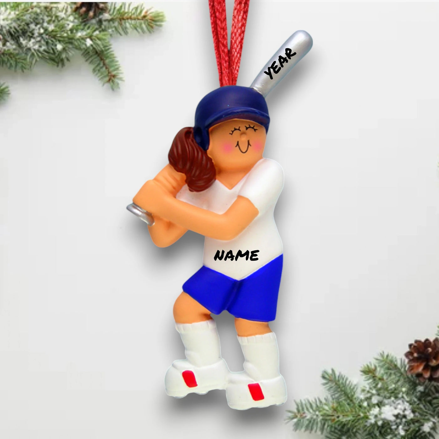 Personalized Female Brunette Softball Ornament with Name and Year – Blue and White Resin Christmas Ornament.