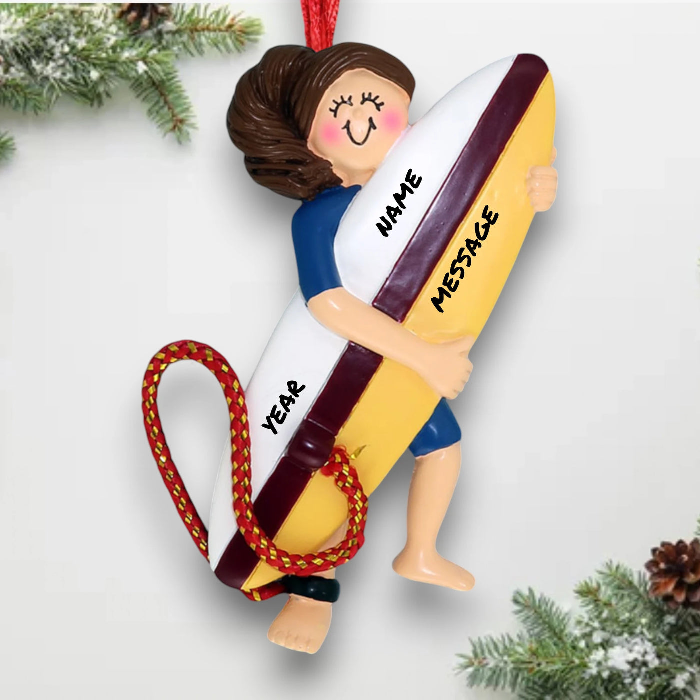 Personalized Female Brunette Surfer Ornament with Name and Year – Surfboard Resin Christmas Ornament