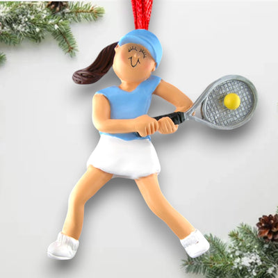 Personalized Brunette Female Tennis Player Christmas Ornament with Name and Year – Blue and White Tennis Outfit Resin Ornament.