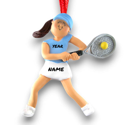 Personalized Brunette Female Tennis Player Christmas Ornament with Name and Year – Blue and White Tennis Outfit Resin Ornament.