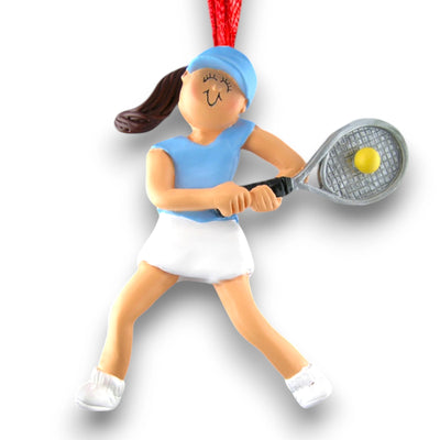 Personalized Brunette Female Tennis Player Christmas Ornament with Name and Year – Blue and White Tennis Outfit Resin Ornament.