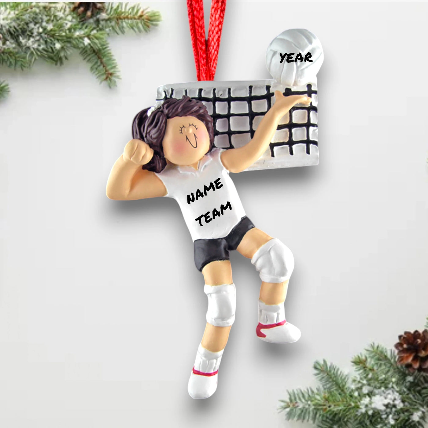 Personalized Brunette Female Volleyball Ornament with Custom Name and Year – Resin Christmas Ornament