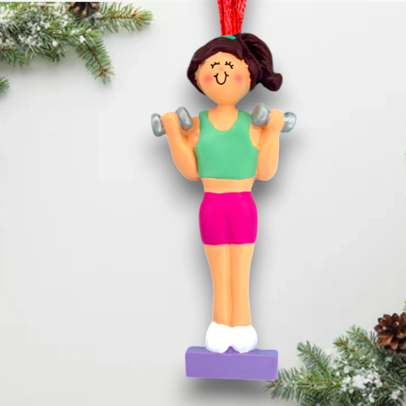 Personalized Brunette Female Weight Lifter Ornament with Custom Name and Year – Resin Christmas Ornament