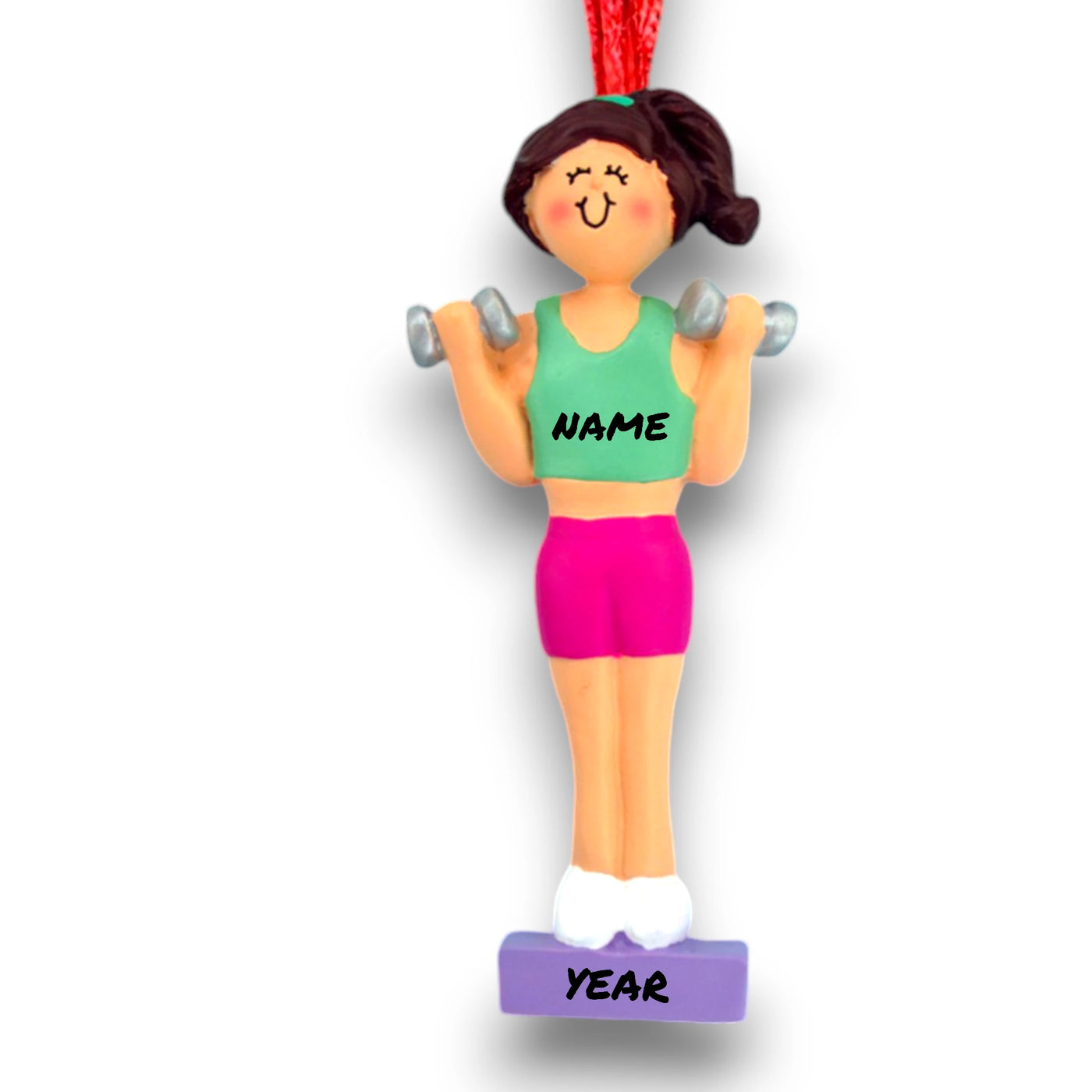 Personalized Brunette Female Weight Lifter Ornament with Custom Name and Year – Resin Christmas Ornament