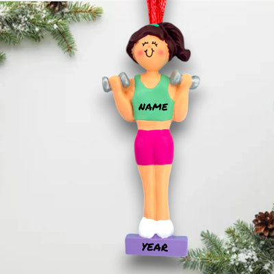 Personalized Brunette Female Weight Lifter Ornament with Custom Name and Year – Resin Christmas Ornament