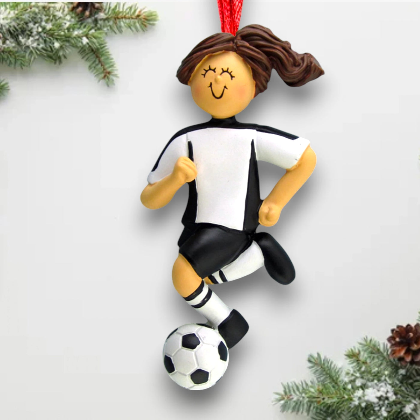 Personalized Brunette Female Soccer Ornament with white uniform, dribbling a soccer ball, customizable with name, team, and year.