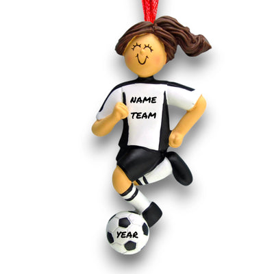 Personalized Brunette Female Soccer Ornament with white uniform, dribbling a soccer ball, customizable with name, team, and year.