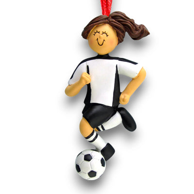 Personalized Brunette Female Soccer Ornament with white uniform, dribbling a soccer ball, customizable with name, team, and year.