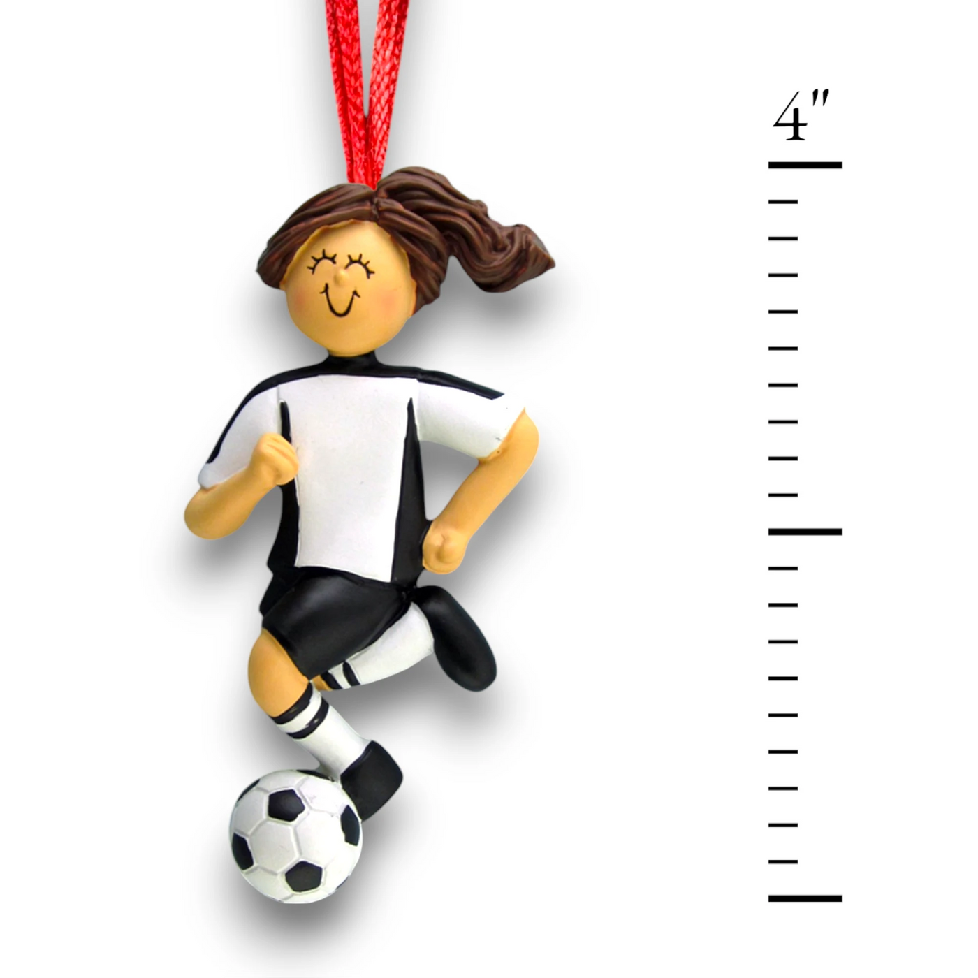 Personalized Brunette Female Soccer Ornament with white uniform, dribbling a soccer ball, customizable with name, team, and year.