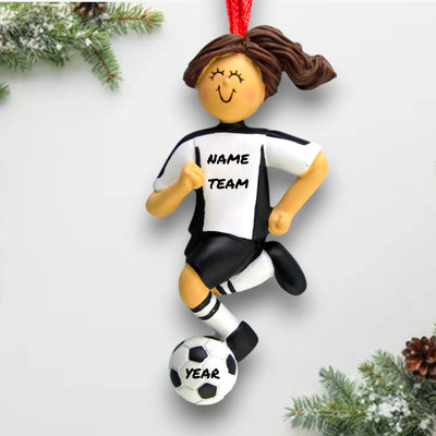 Personalized Brunette Female Soccer Ornament with white uniform, dribbling a soccer ball, customizable with name, team, and year.