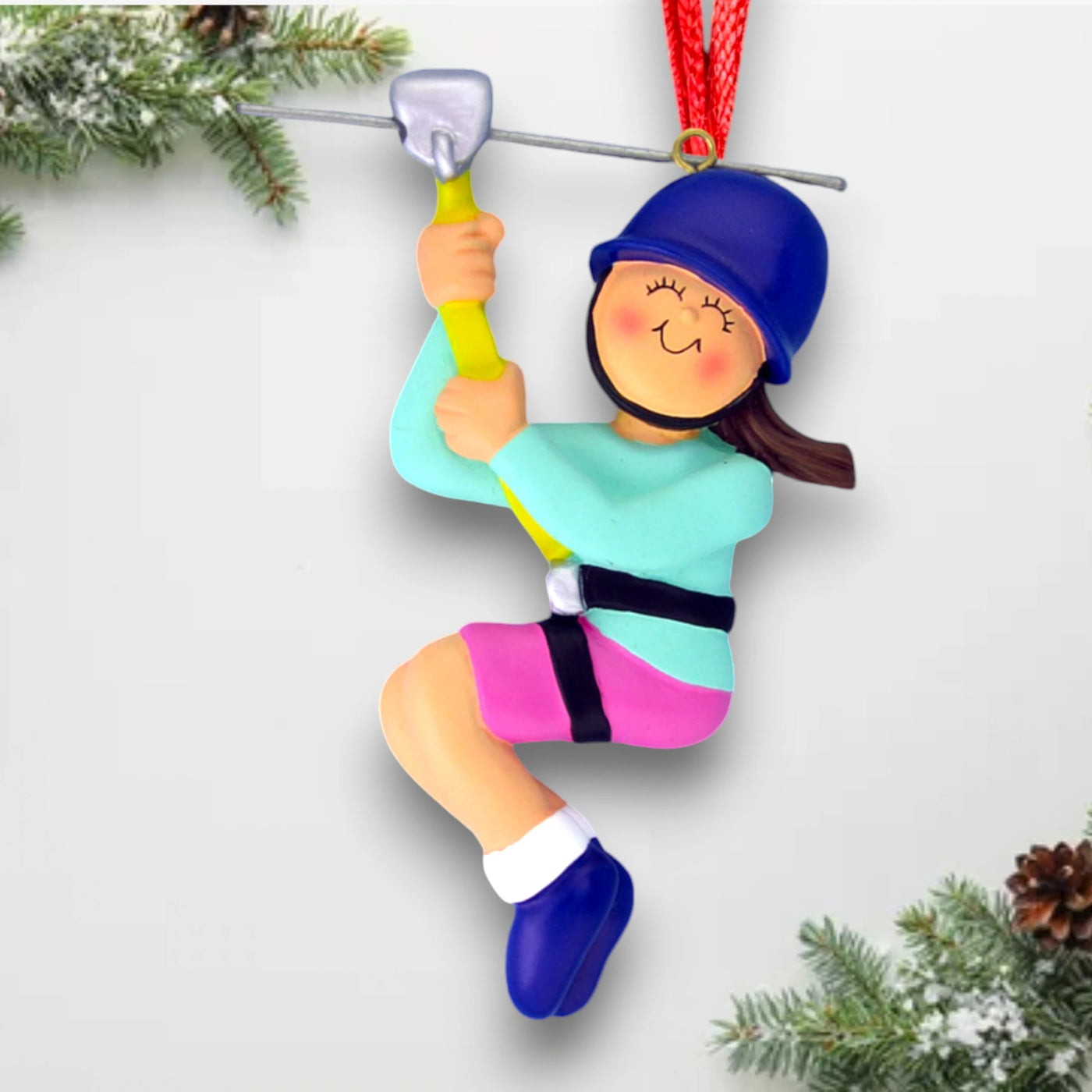 Personalized Brunette Female Zipliner Ornament with Helmet and Harness – Custom Name, Location, and Year Resin Ornament