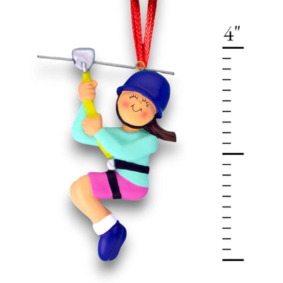 Personalized Brunette Female Zipliner Ornament with Helmet and Harness – Custom Name, Location, and Year Resin Ornament