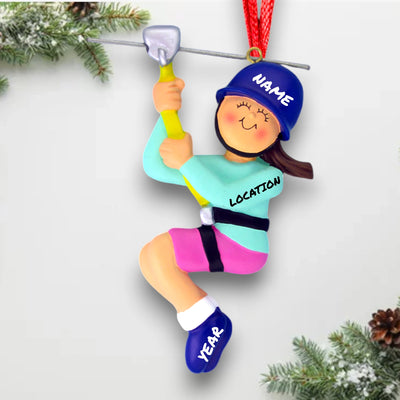 Personalized Brunette Female Zipliner Ornament with Helmet and Harness – Custom Name, Location, and Year Resin Ornament